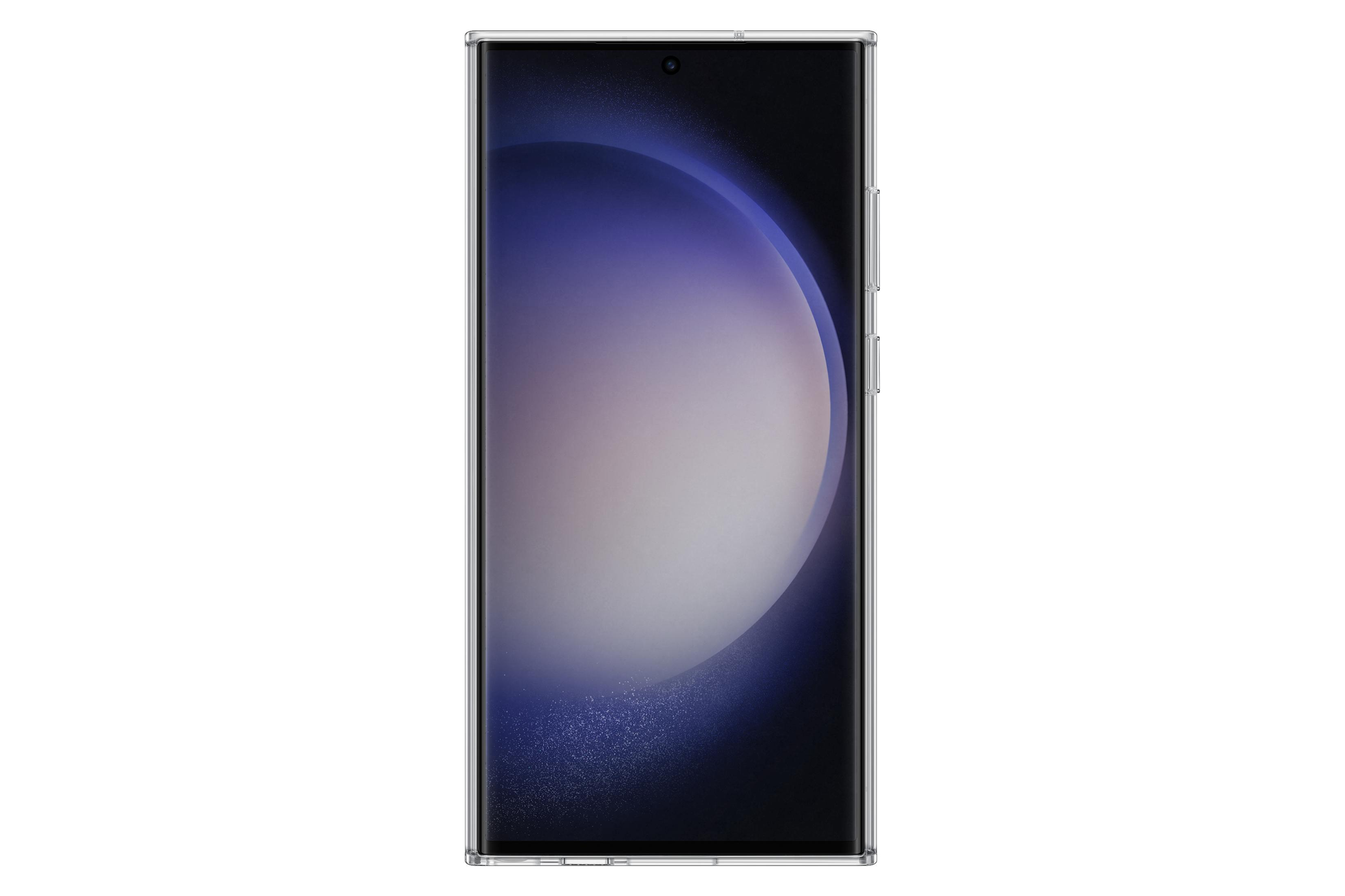 Een telefoon met een doorzichtig hoesje. Het scherm toont een kleurrijke achtergrond.