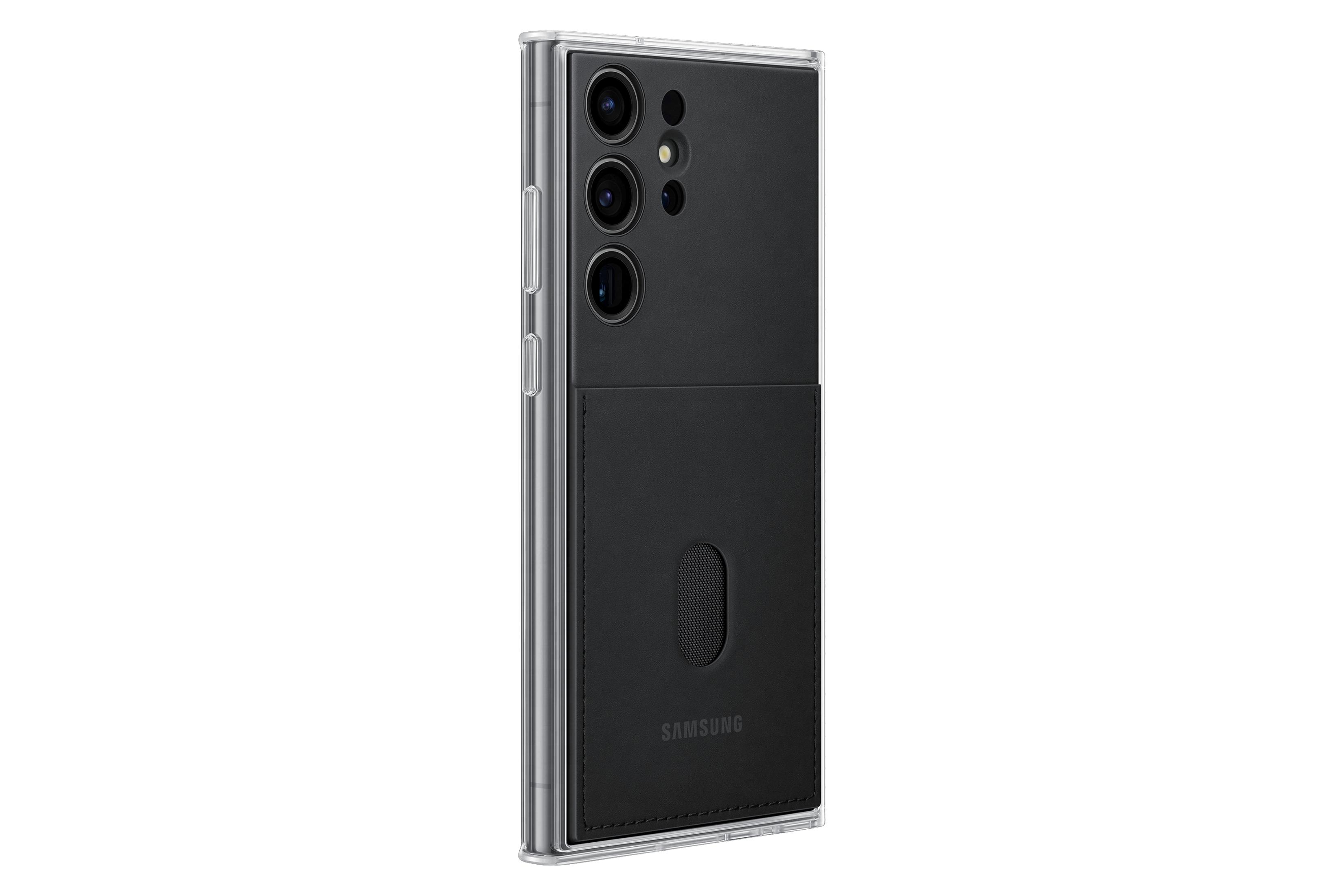 Zwarte telefoon met een portemonnee-hoesje bevestigd. Heeft drie cameralenzen.