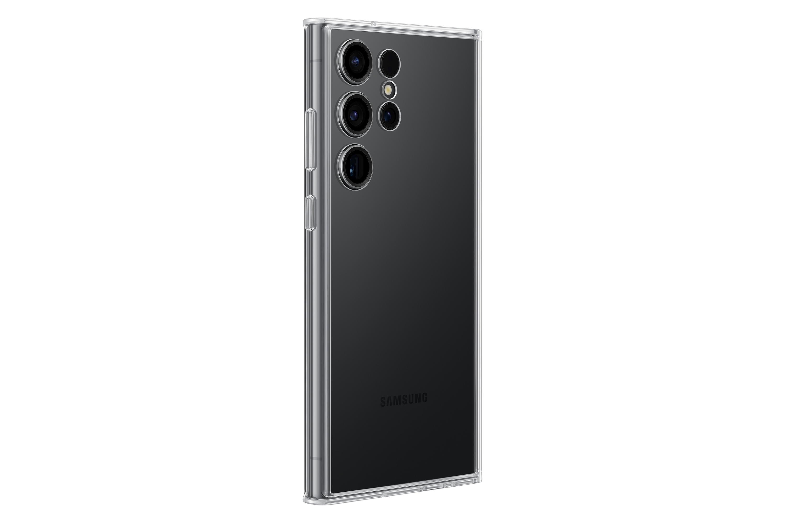 Zwarte telefoon in een doorzichtige hoes. De telefoon heeft drie cameralenzen.