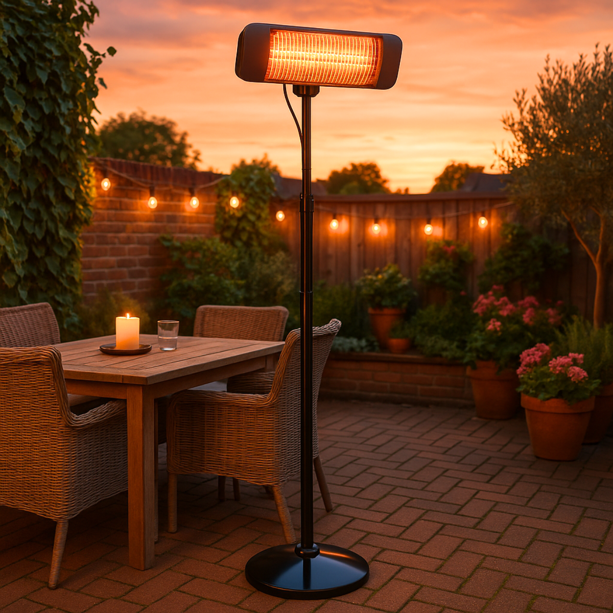 Patio scene: Heater, table with candle, brick wall, string lights, and plants under an orange sunset.