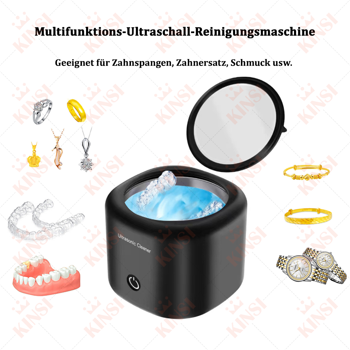 Schwarzer Ultraschallreiniger mit Schmuck und Zahnartikeln. Enthält Uhren, Ringe und Zahnspangen. Text: Multifunktions-Ultraschall-Reinigungsm.