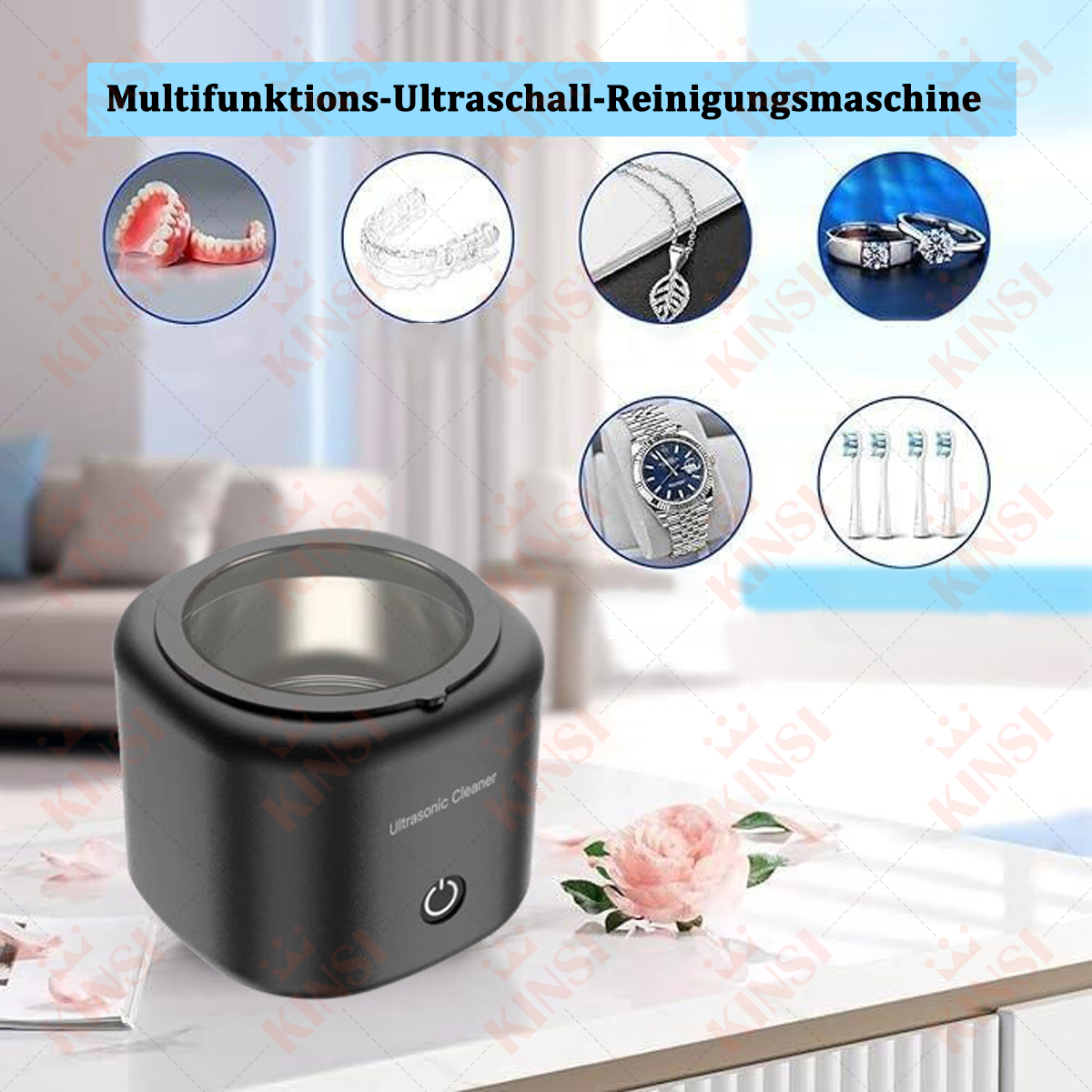 Schwarzer Ultraschallreiniger mit Zahnartikeln und einer Uhr. Eine Rose und eine Couch sind vorhanden. Text: Multifunktions-Ultraschall-Reinigungsm.