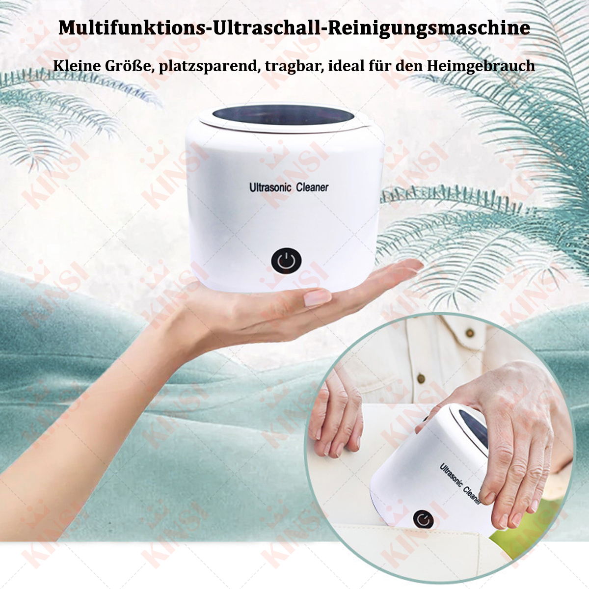 Weißer Ultraschallreiniger in einer Hand. Text: Multifunktions-Ultraschall-Reinigungsm, Kleine Größe, platzsparend, tragbar.