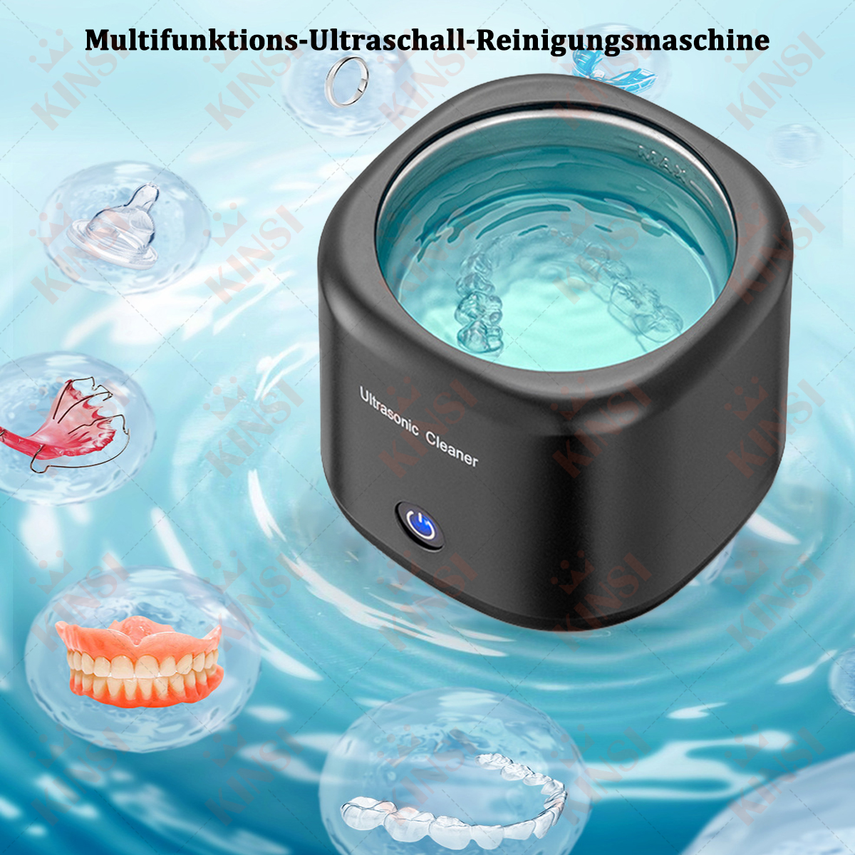 Schwarzer Ultraschallreiniger mit Zahnartikeln in durchsichtigen Blasen. Text: Multifunktions-Ultraschall-Reinigungsm.