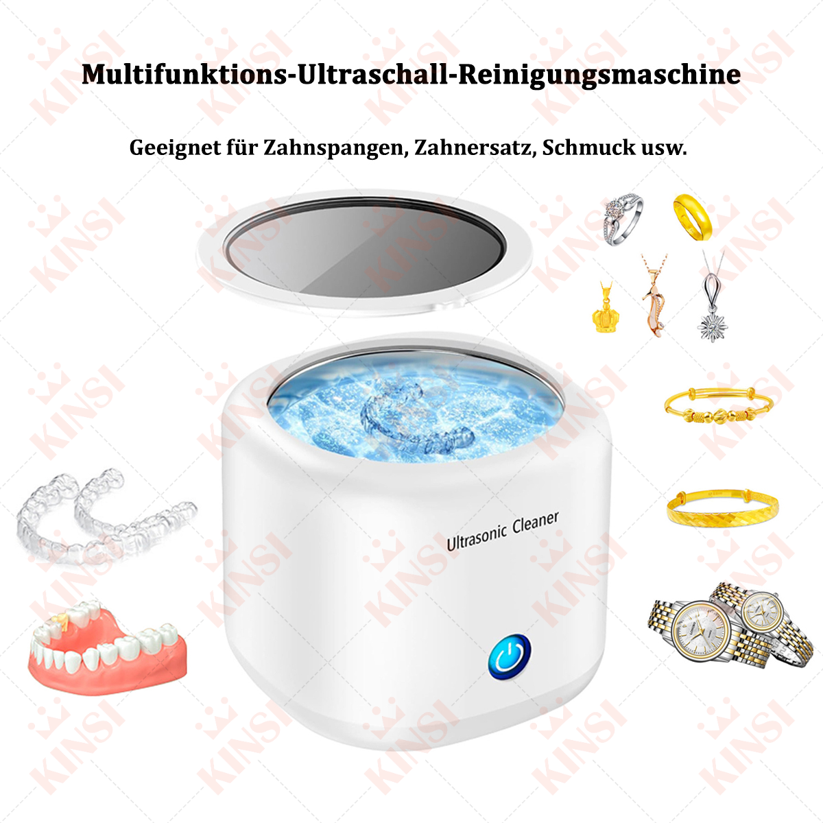 Weißer Ultraschallreiniger mit Schmuck und Zahnartikeln. Text: Multifunktions-Ultraschall-Reinigungsm.