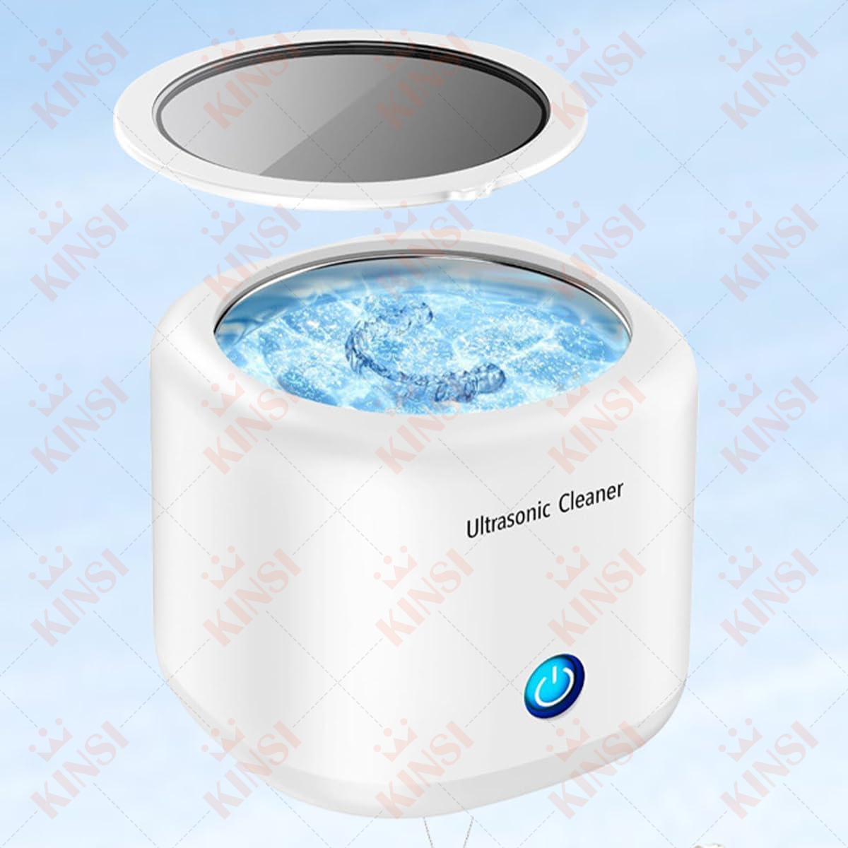 Weißer Ultraschallreiniger mit offenem Deckel. Der Reiniger hat eine blaue Power-Taste. Text: Ultraschallreiniger.