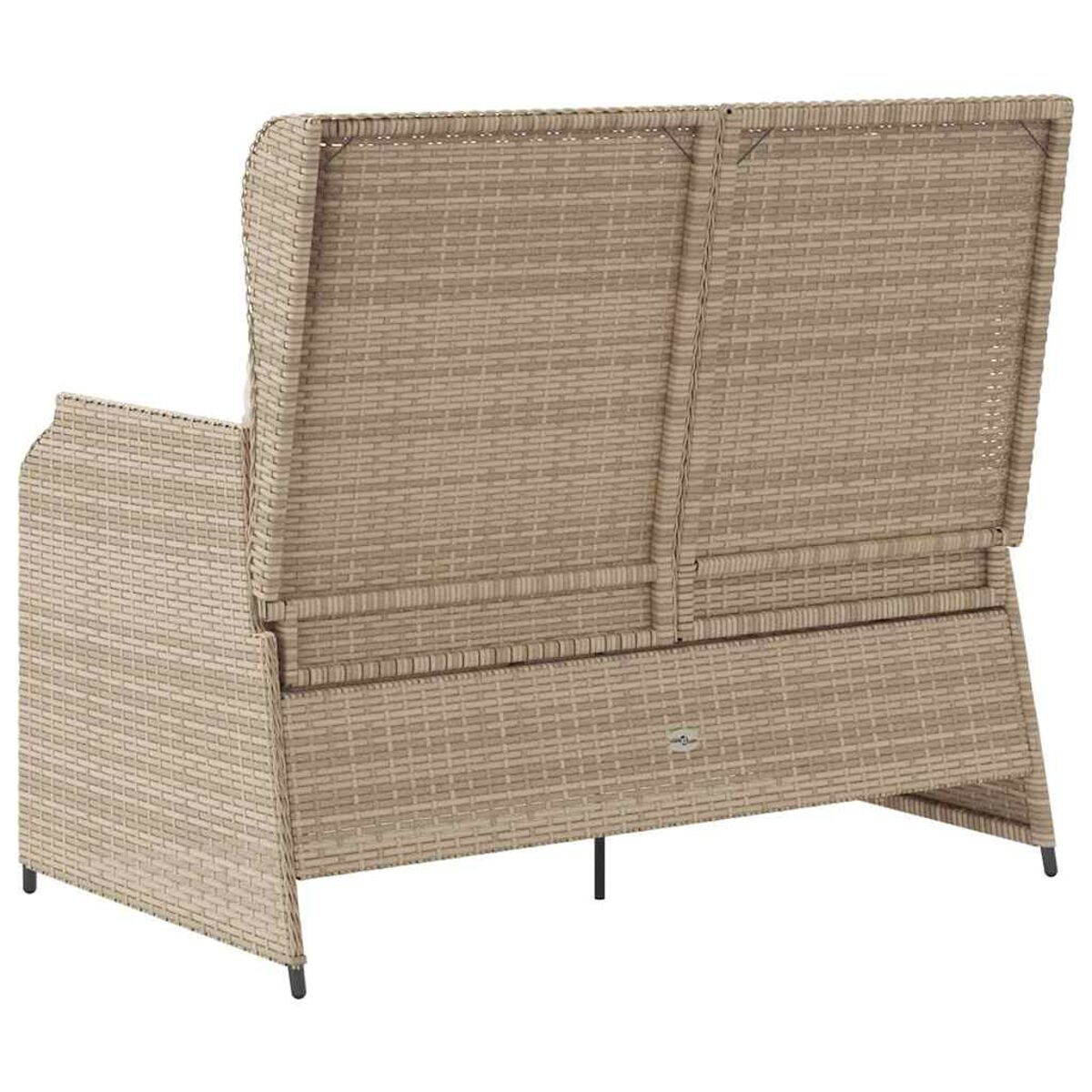 Wicker-Sofa, Rückansicht. Beige Farbe, zwei Sitze, hoher Rücken, schwarze Beine.
