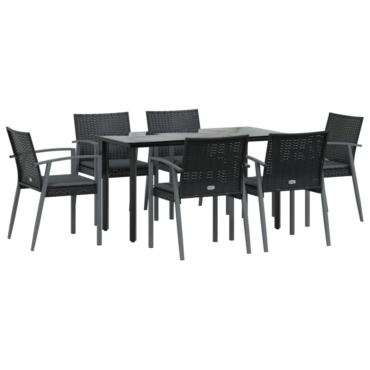 Schwarzes Esszimmerset für draußen. Rechteckiger Tisch, sechs Stühle mit grauen Kissen und Metallbeinen. Weißer Hintergrund.