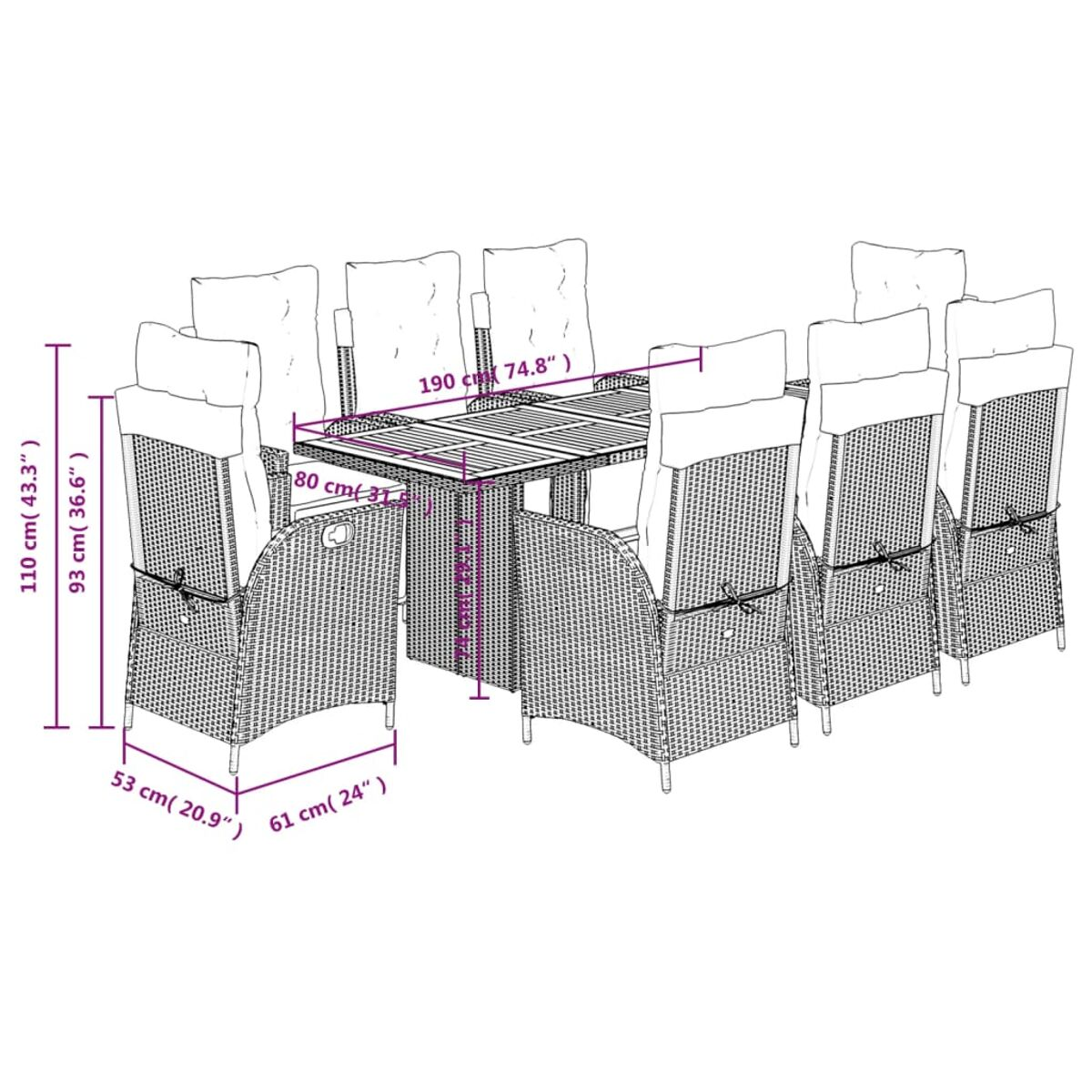 Korbmöbel-Ess-Set mit Tisch und Stühlen. Tisch und Stühle sind von Abmessungen umgeben.