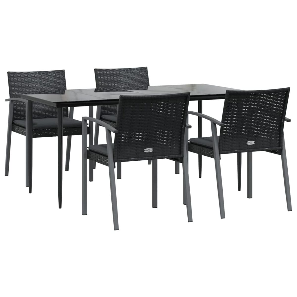Essgruppe für den Außenbereich, schwarz mit grauen Kissen. Vier Stühle und ein Tisch. Dunkles Korbgeflecht und Metallstruktur.