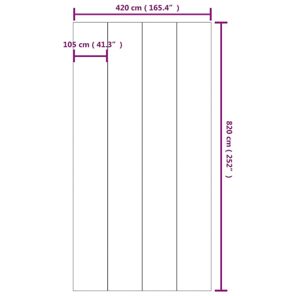 Weißer Hintergrund mit drei vertikalen Linien, die Abmessungen von 420 cm und 820 cm, 105 cm breit angeben.