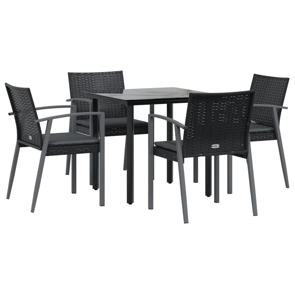 Ein schwarzes Ess-Set aus Rattan mit vier Stühlen und einem quadratischen Tisch.