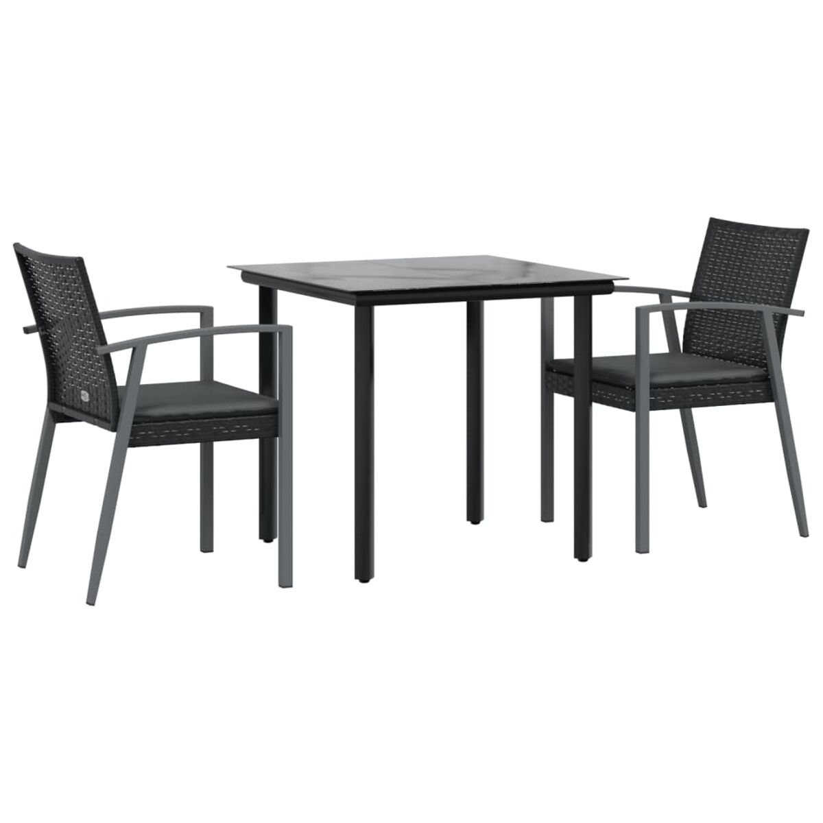 Schwarzer quadratischer Tisch mit zwei Stühlen, dunkelgraue Sitzfläche und Rückenlehne. Weißer Hintergrund.