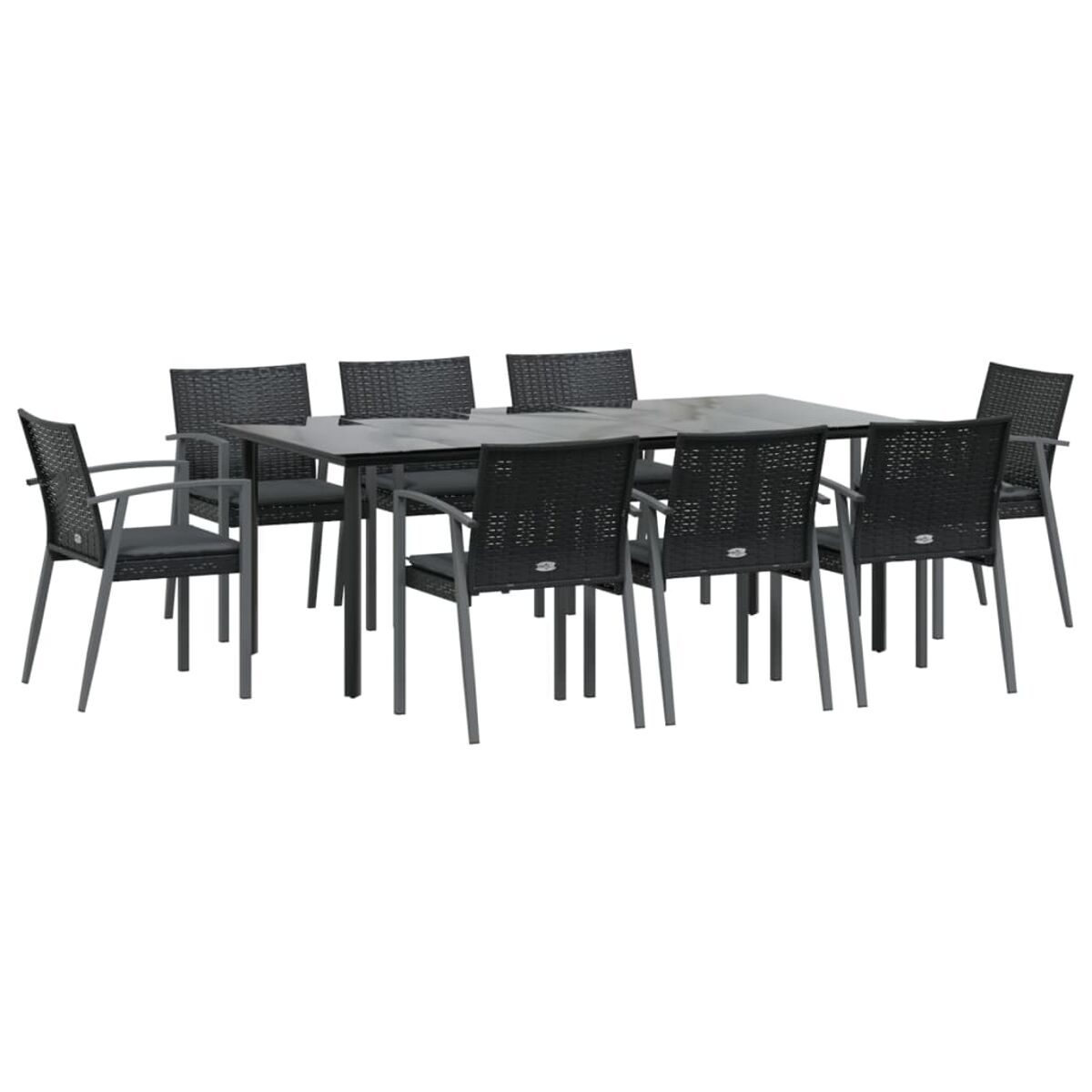 Essgruppe im Freien: schwarzer Tisch, 8 Stühle. Der Tisch hat graue Beine, Stühle sind schwarz.