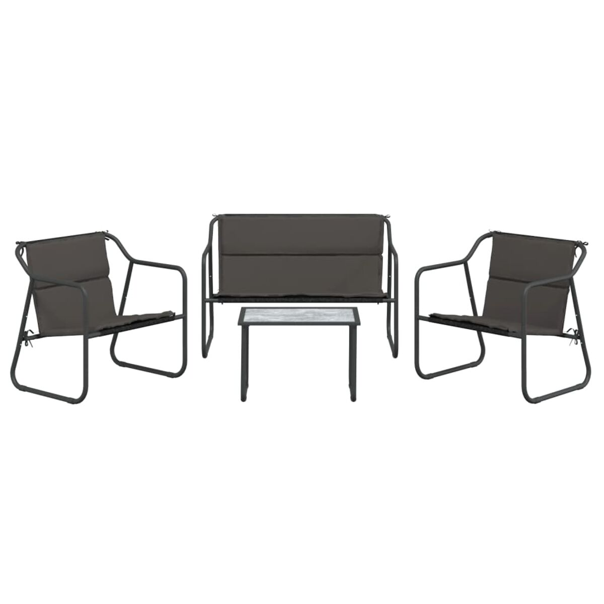 Outdoor-Set: zwei Stühle, eine Liebesbank und ein kleiner Tisch. Dunkelgrauer Stoff.