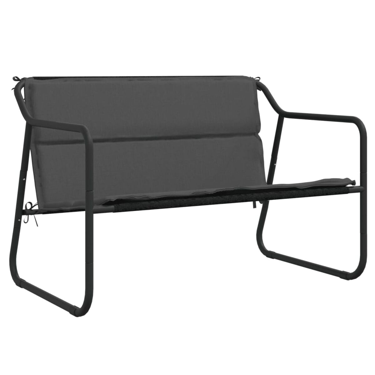 Ein schwarzes Outdoor-Sofa mit grauem Kissen. Das Sofa hat ein schlichtes, modernes Design.