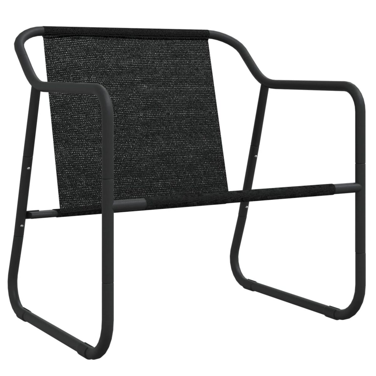 Ein schwarz gerahmter Stuhl mit einem schwarzen gewebten Sitz. Der Stuhl hat ein schlichtes Design.