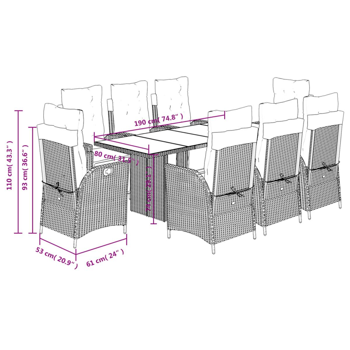 Diagramma di un set da pranzo in vimini con misure. Il set comprende un tavolo e sedie.