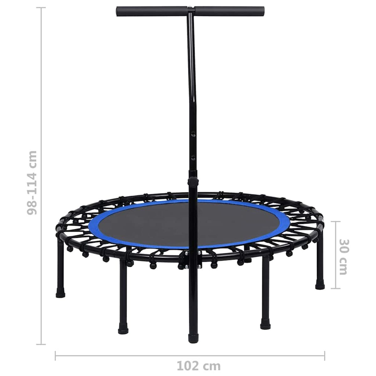 Trampolin mit Maßen: 98-114 cm Höhe, 102 cm Breite, 30 cm Höhe.