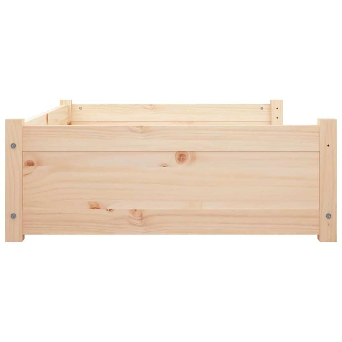 Seitenansicht eines Hundebetts aus Holz. Hellbraune Farbe.