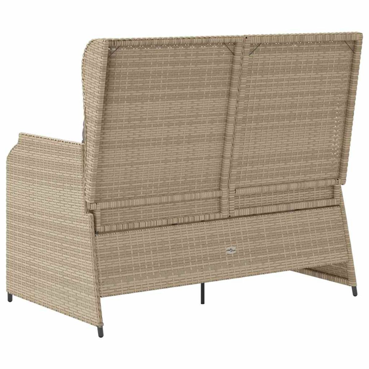 Sedia in vimini beige vista posteriore, con cuscino grigio.
