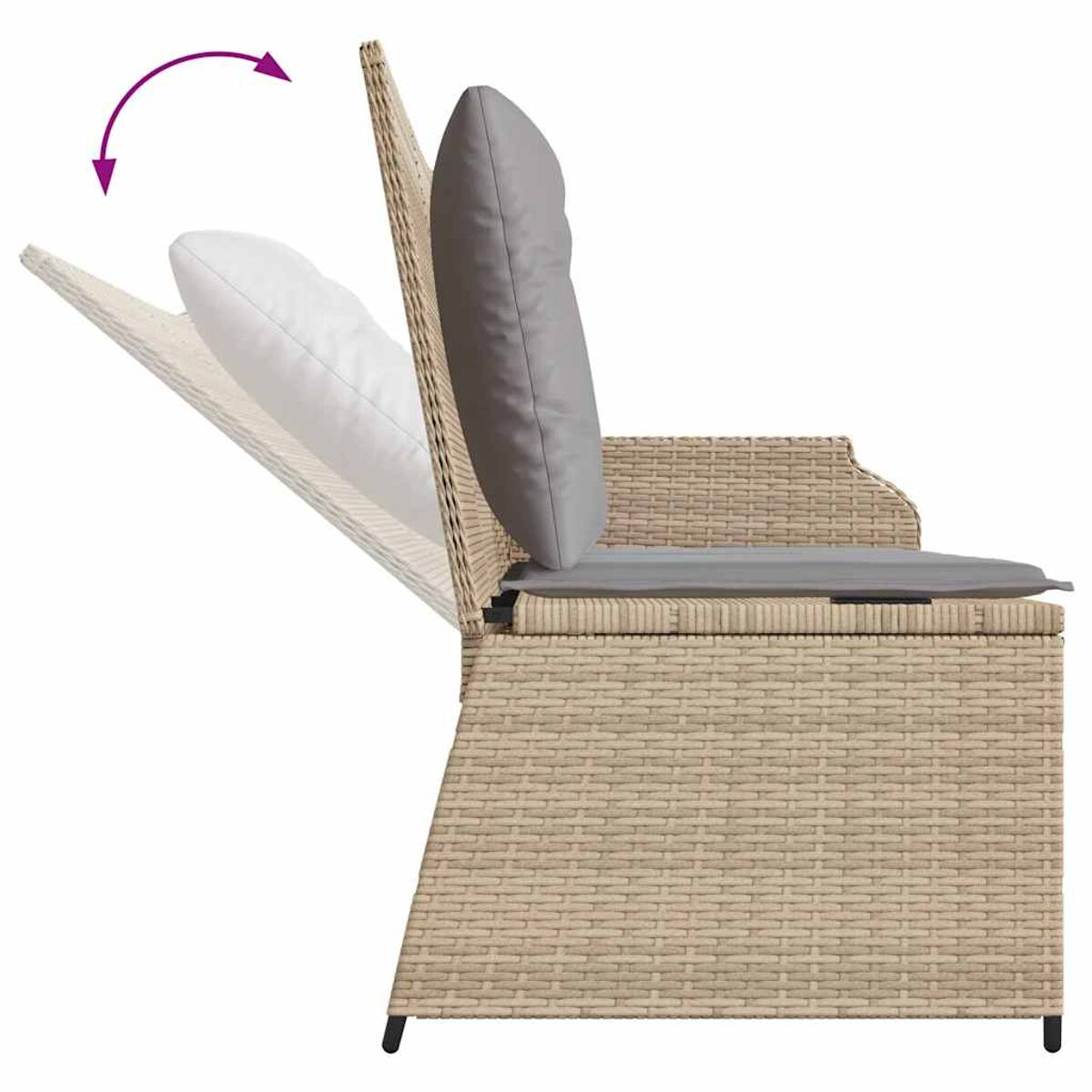 Sedia in vimini beige: cuscino grigio, vista laterale, lo schienale è regolabile.