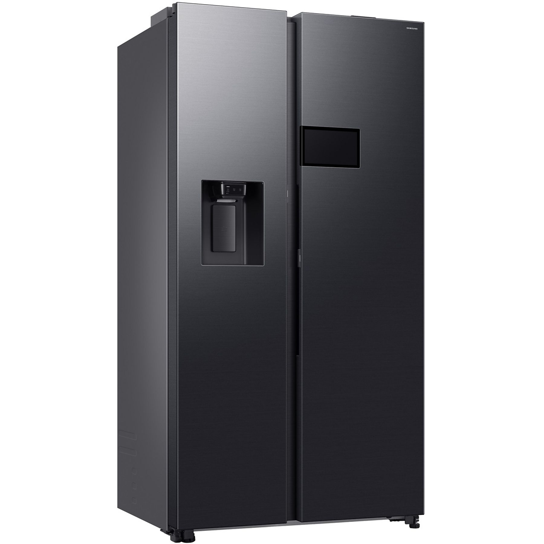 Schwarzer Samsung Side-by-Side-Kühlschrank, Seitenansicht, mit Wasserspender an der linken Tür.