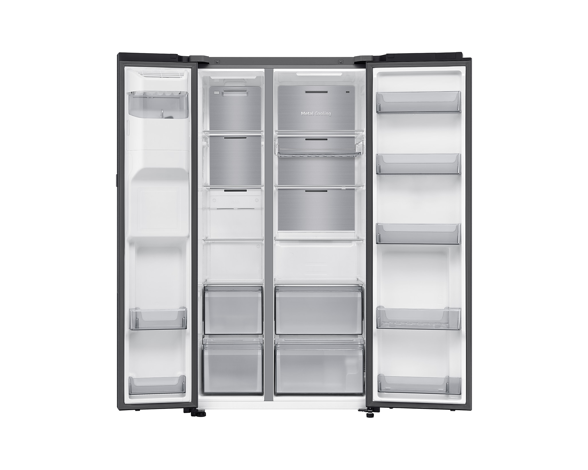 Geöffneter schwarzer Samsung Side-by-Side-Kühlschrank mit Regalen, Schubladen und Innenraum.
