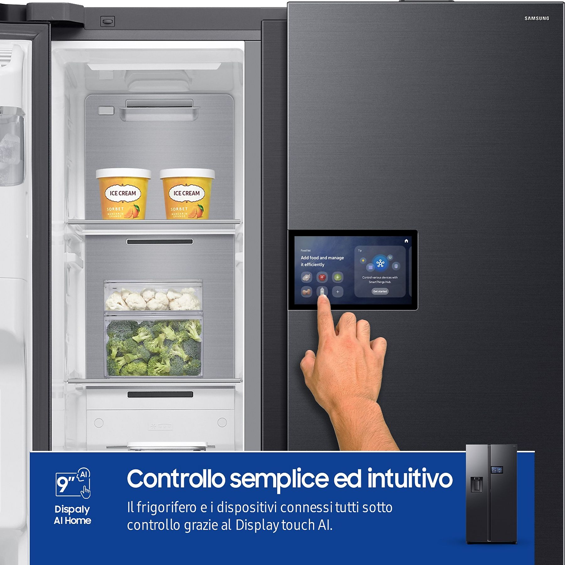 Nahaufnahme des Samsung-Kühlschrank-Touchscreen-Panels mit italienischem Text und kleinem Kühlschrankbild.