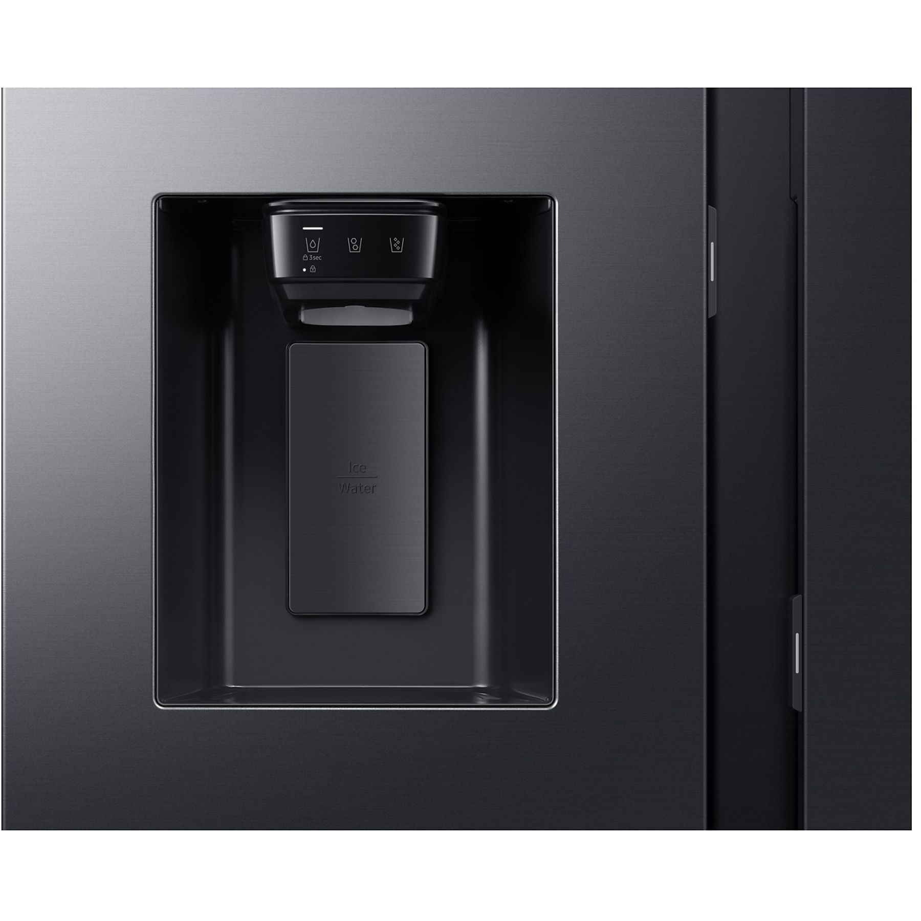 Czarna lodówka z dozownikiem wody i lodu. Prostokątny otwór z przyciskami. Ciemnoszare drzwi.