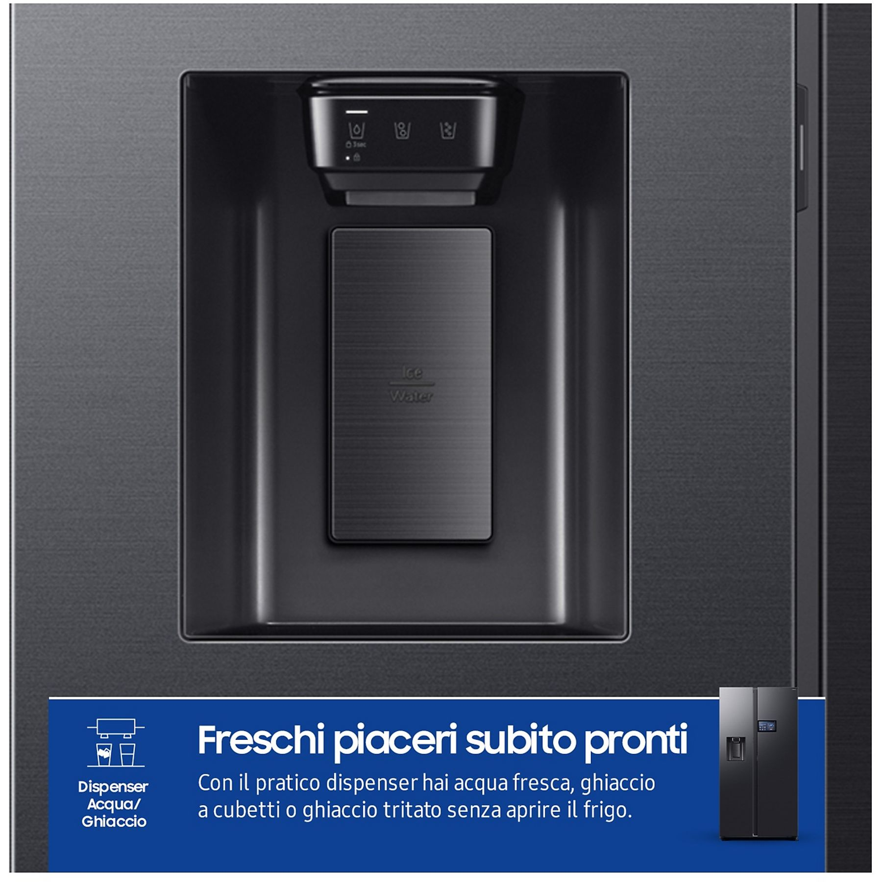 Nahaufnahme des Samsung-Kühlschrank-Wasserspenders mit italienischem Text und kleinem Kühlschrankbild.