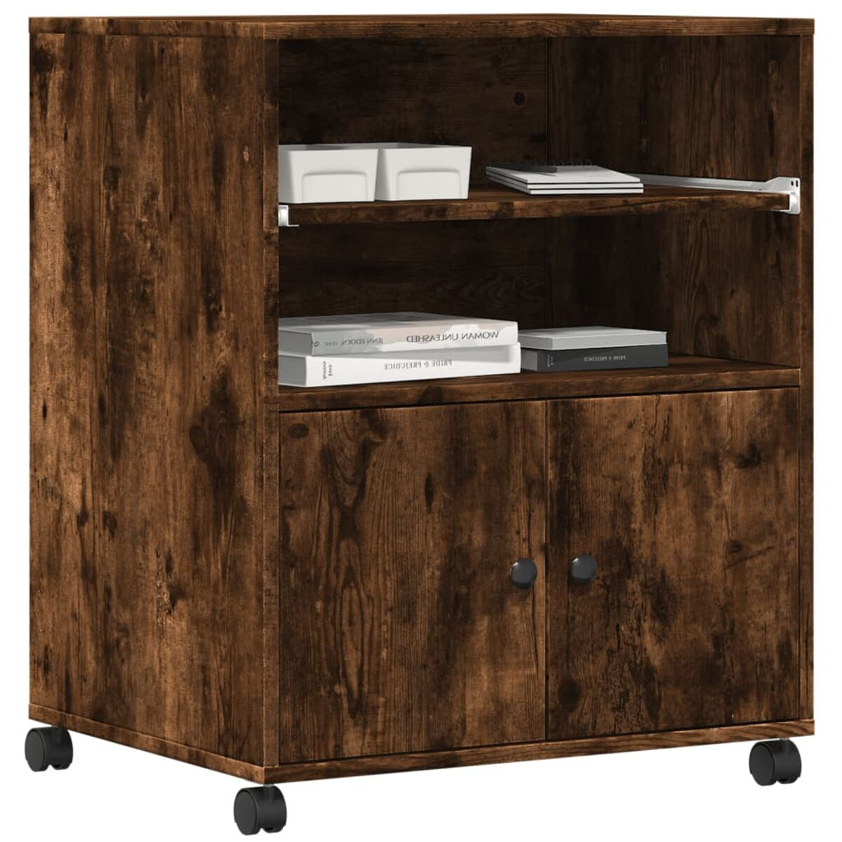 Brauner Holzschrank mit Regalen, Büchern und Türen auf Rädern.