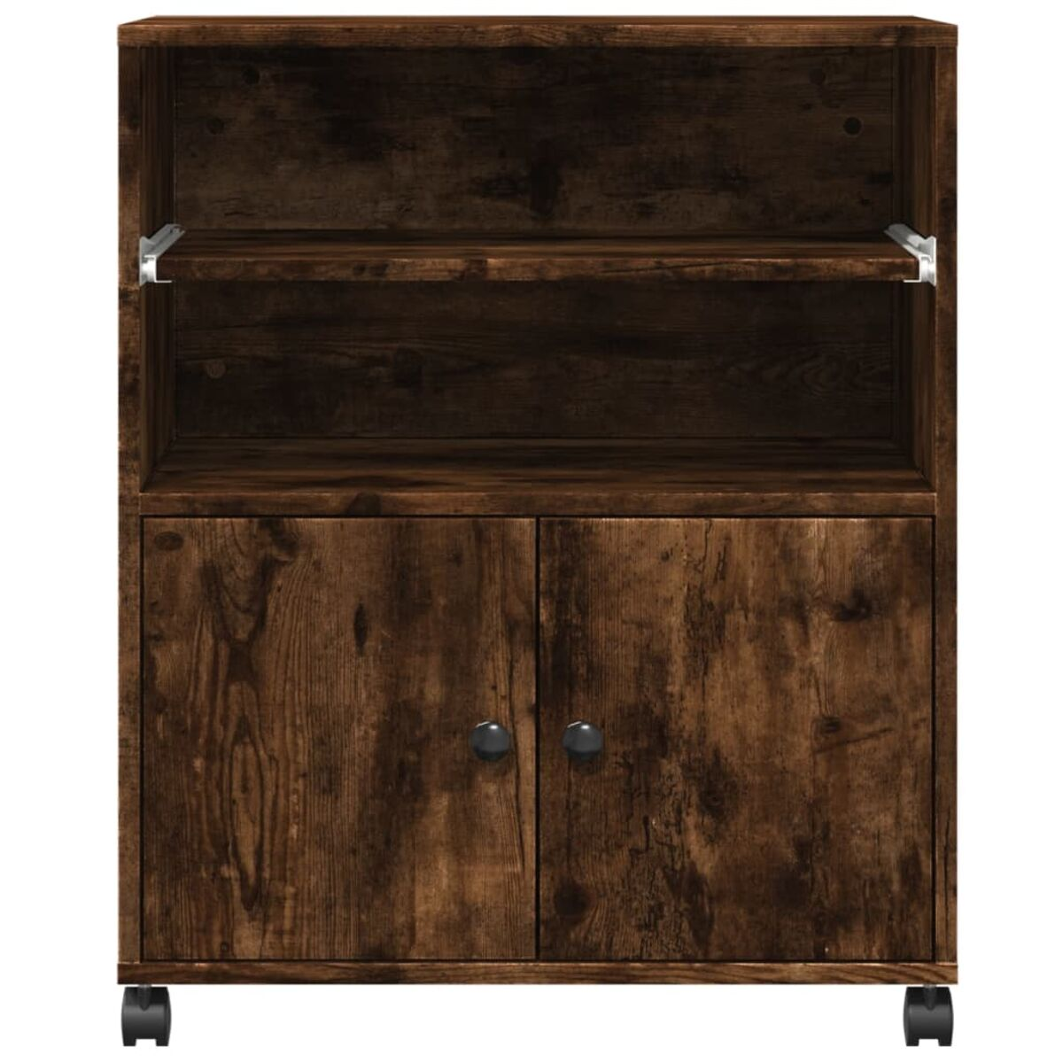 Dunkelbrauner Holzschrank mit zwei Türen und einem Regal, auf Rädern.