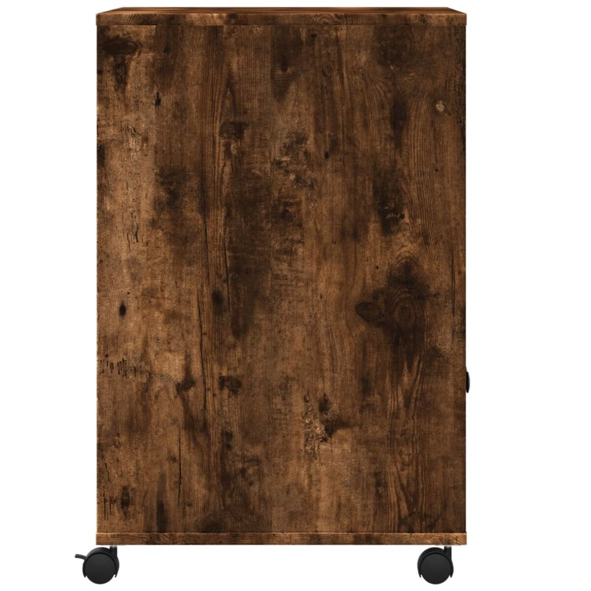 Seitenansicht eines braunen Holzschranks auf Rädern.