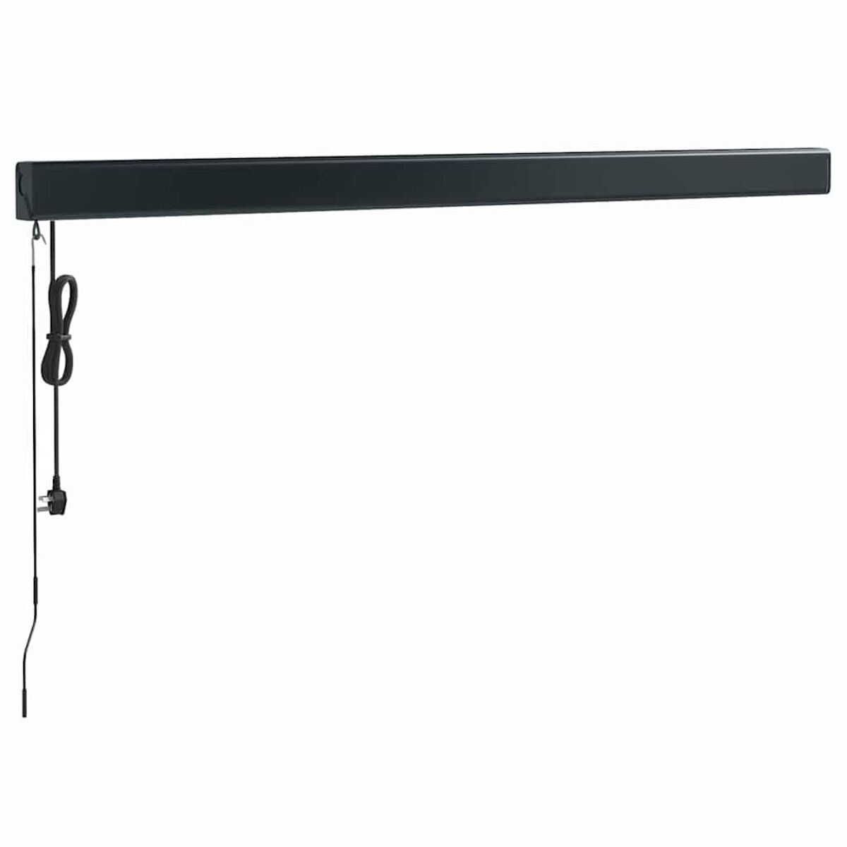 Eingezogene Markise. Schwarzer Rahmen, Netzkabel mit Stecker. Weißer Hintergrund.