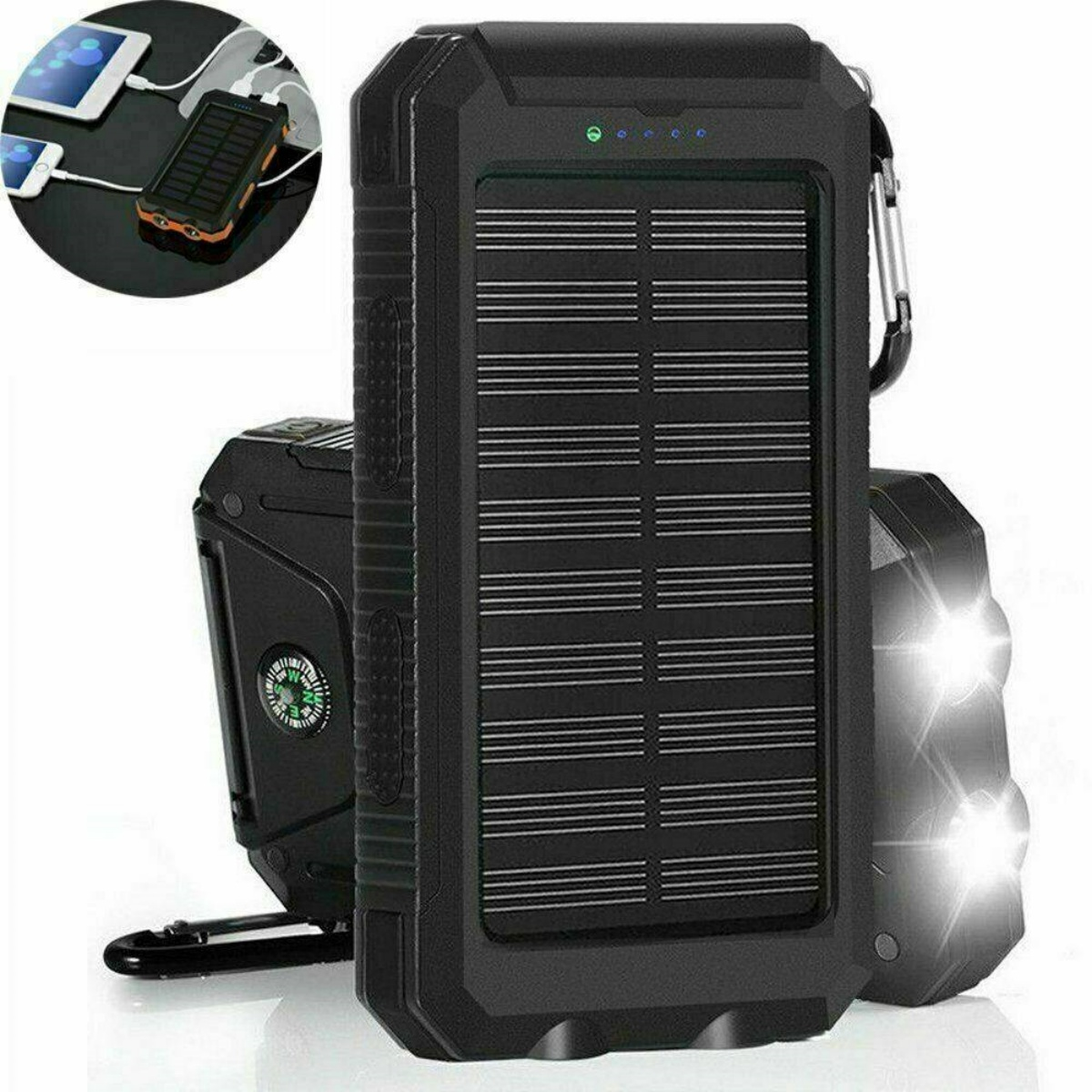 Schwarzes Solarladegerät mit integrierter Taschenlampe. Geräte werden vom Ladegerät geladen.