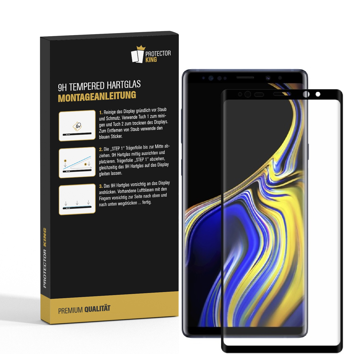 Ein Smartphone mit Displayschutzfolie und einer Box. Die Box enthält Text und Diagramme zur Installation des Protektors.