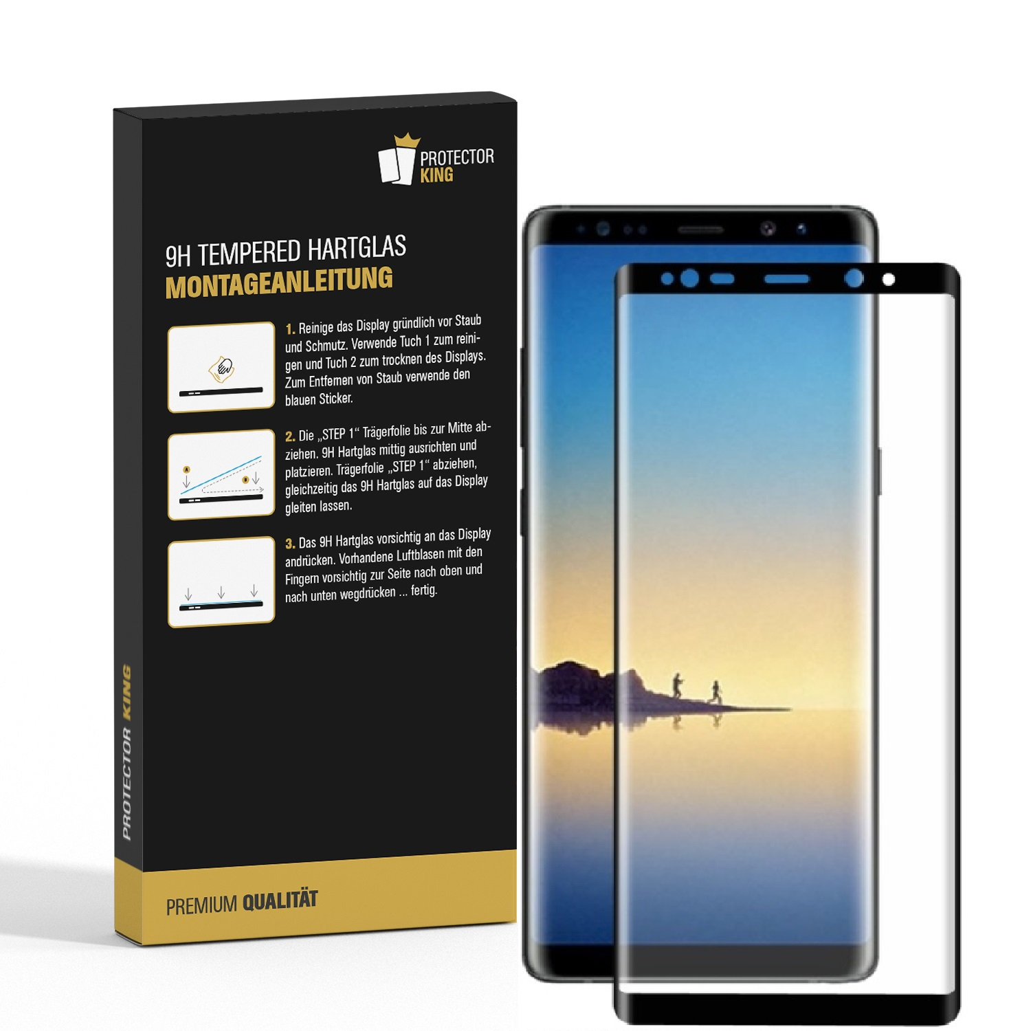 Ein Smartphone mit Displayschutzfolie und einer Box. Die Box enthält Anweisungen zur Installation der Displayschutzfolie.