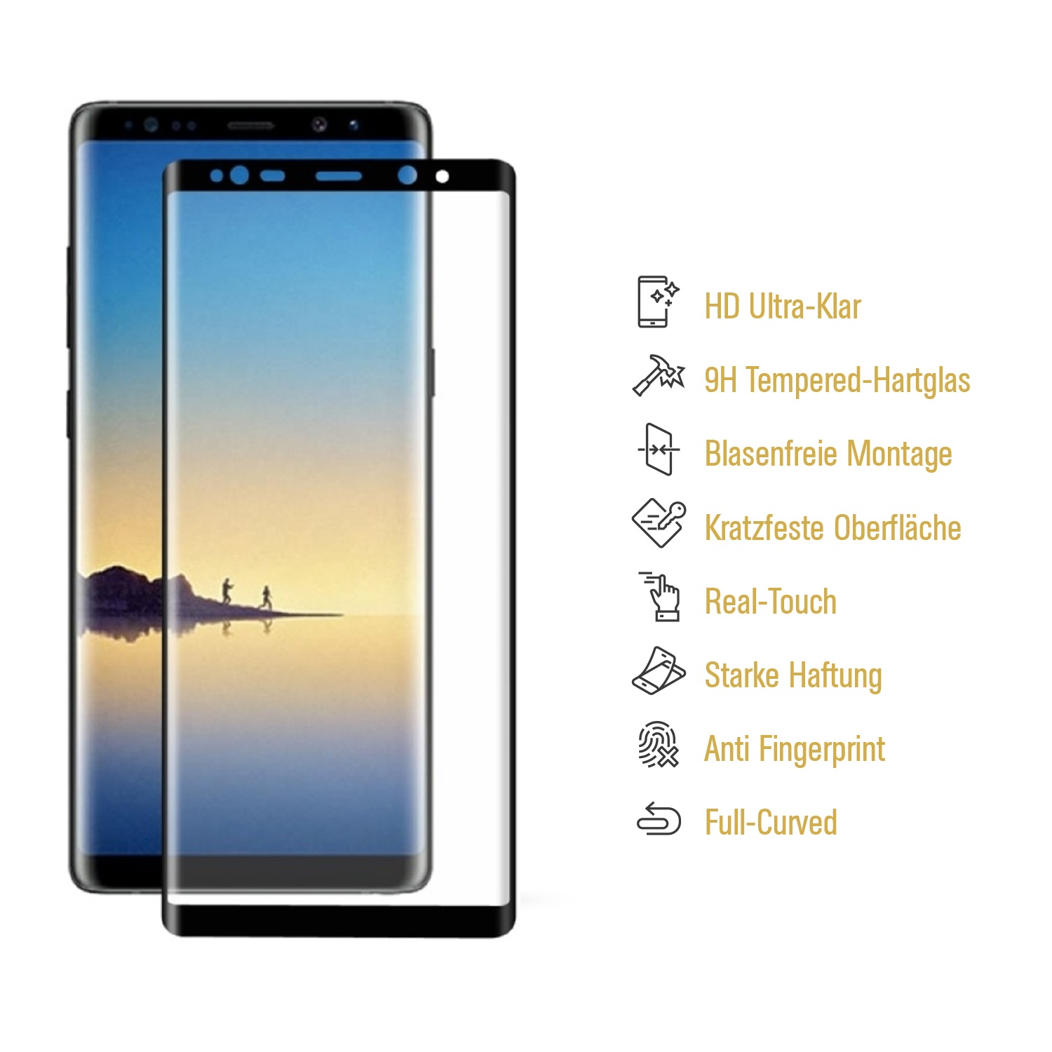 Smartphone mit Displayschutz und aufgelisteten Funktionen. Der Bildschirm zeigt eine Landschaftsszene.