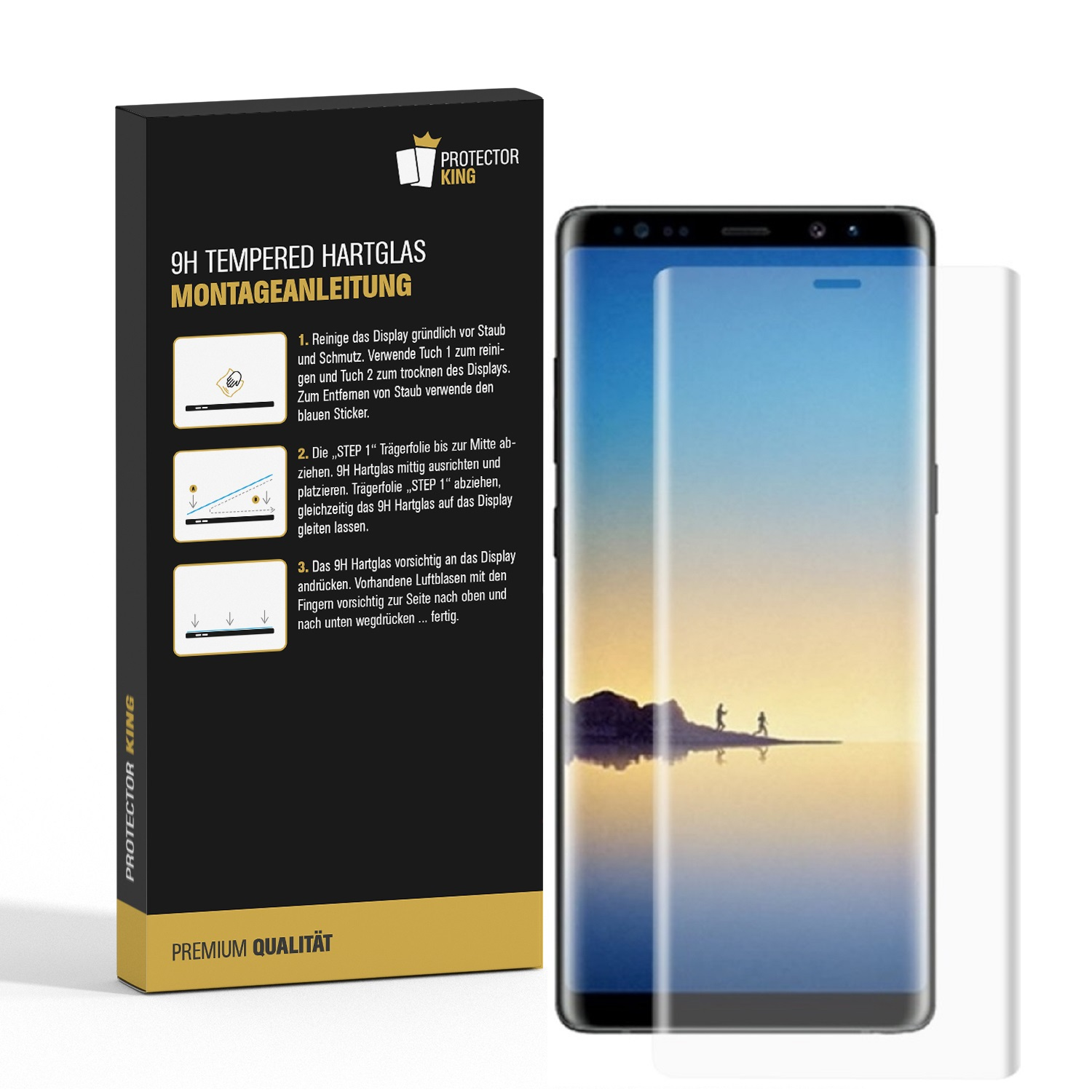 Smartphone mit Displayschutzfolie und Verpackung. Anweisungen zum Anbringen des Schutzes werden gezeigt.