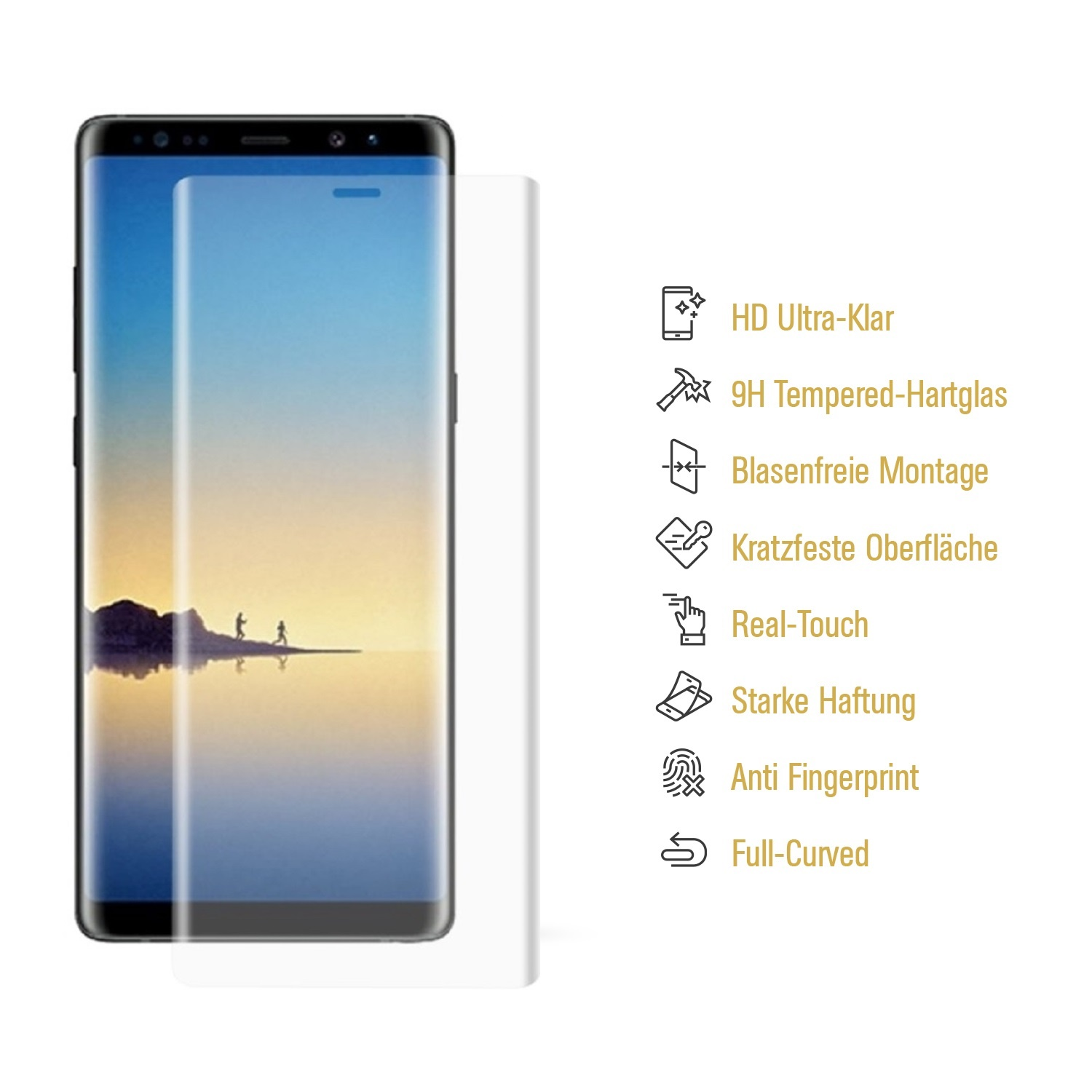 Ein Telefon mit Displayschutzfolie und aufgelisteten Funktionen: HD, gehärtetes Glas, blasenfrei, kratzfest, Real-Touch.