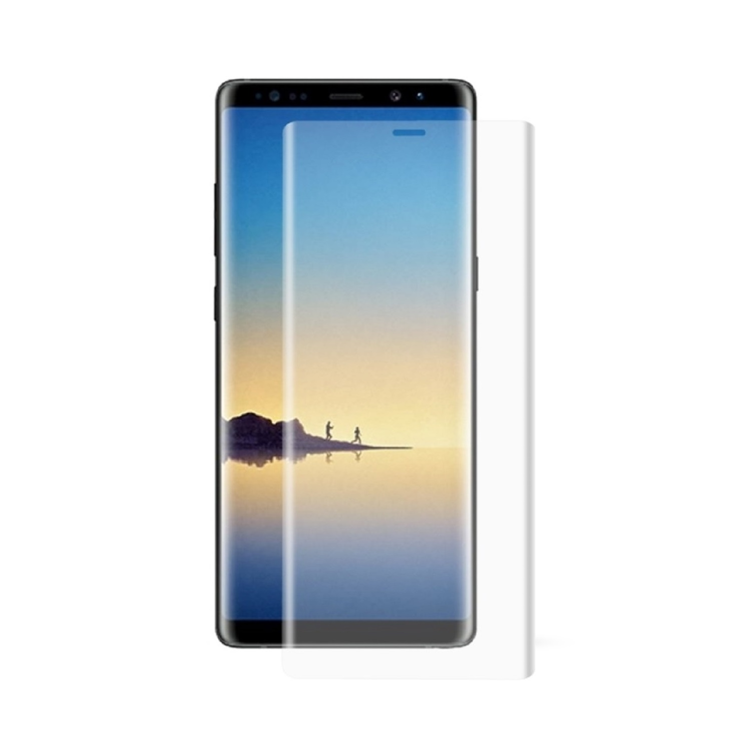 Ein Smartphone mit angebrachter Displayschutzfolie. Eine Landschaftsszene wird auf dem Bildschirm angezeigt.