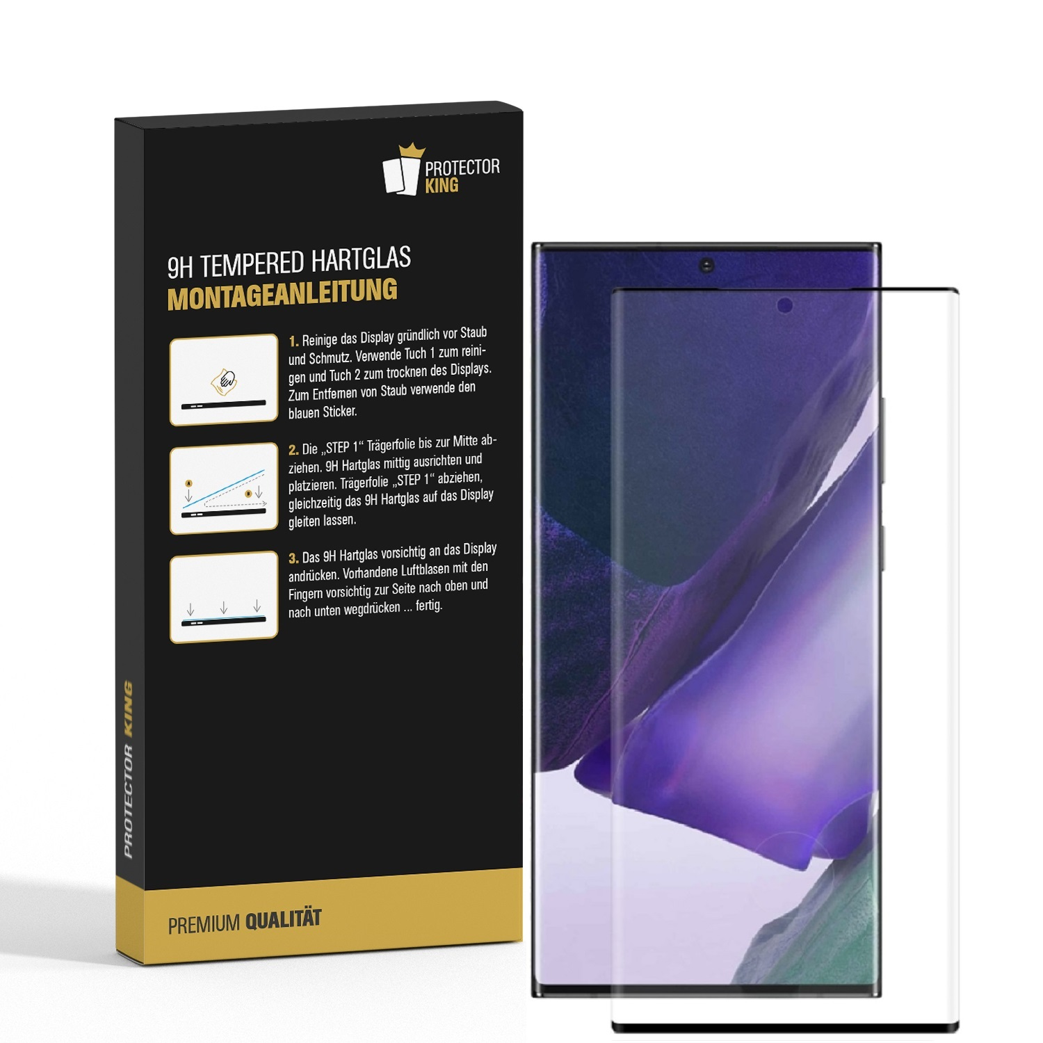 Smartphone mit Displayschutzfolie und Verpackung. Anweisungen zum Anbringen sind auf der Verpackung gezeigt.