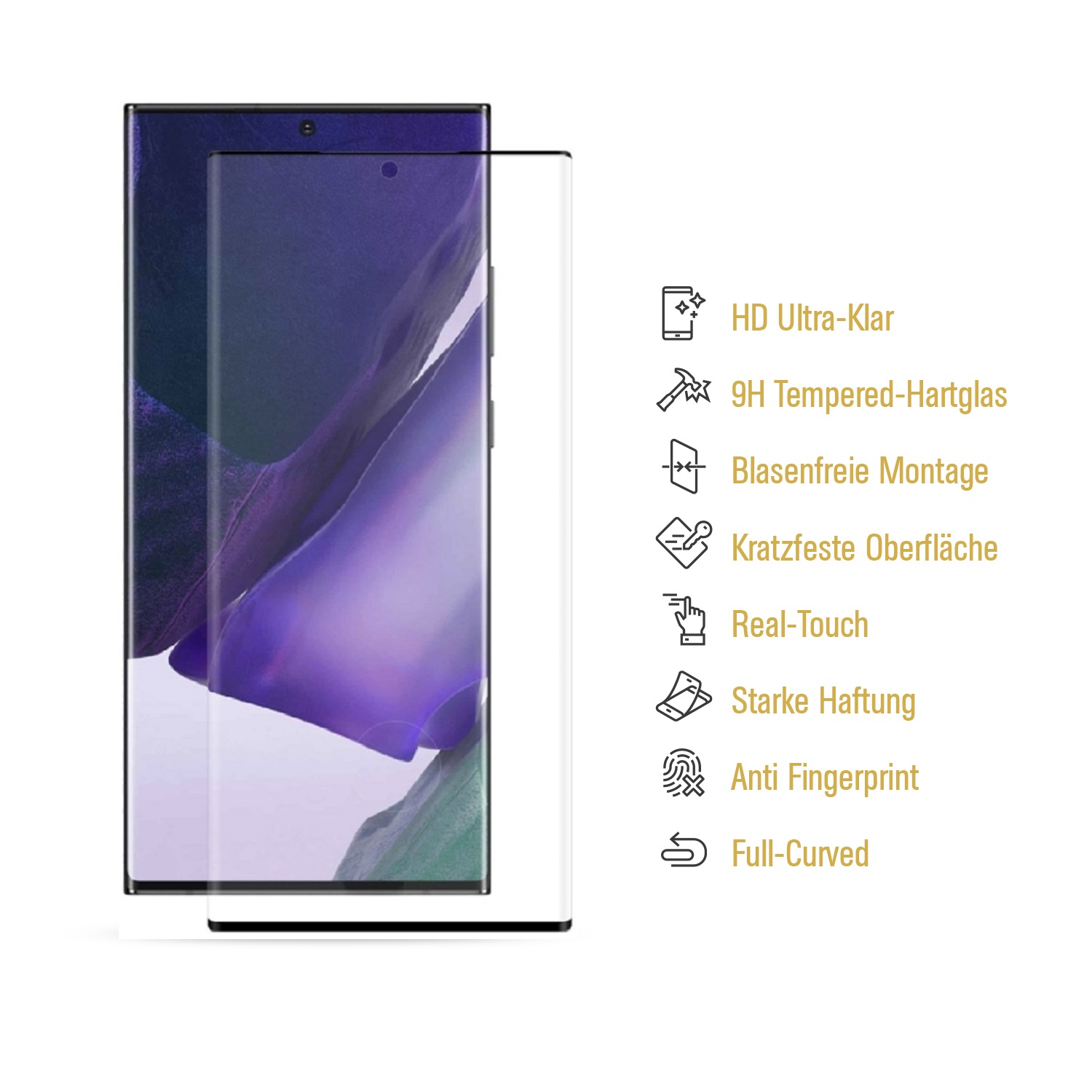 Smartphone mit Displayschutz, zeigt Funktionen. Funktionen umfassen HD-Klarheit, Anti-Fingerabdruck usw.