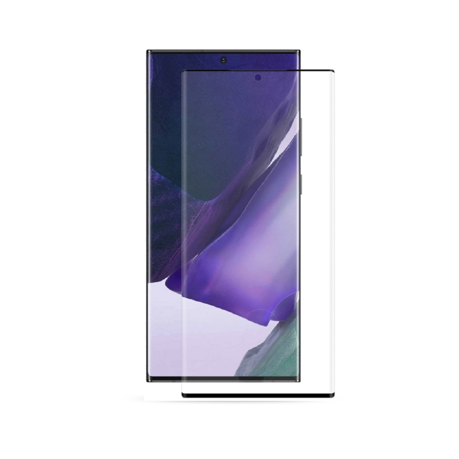 Ein Telefon und ein Displayschutz mit Text. Ein Telefonbildschirm zeigt einen violetten Hintergrund.