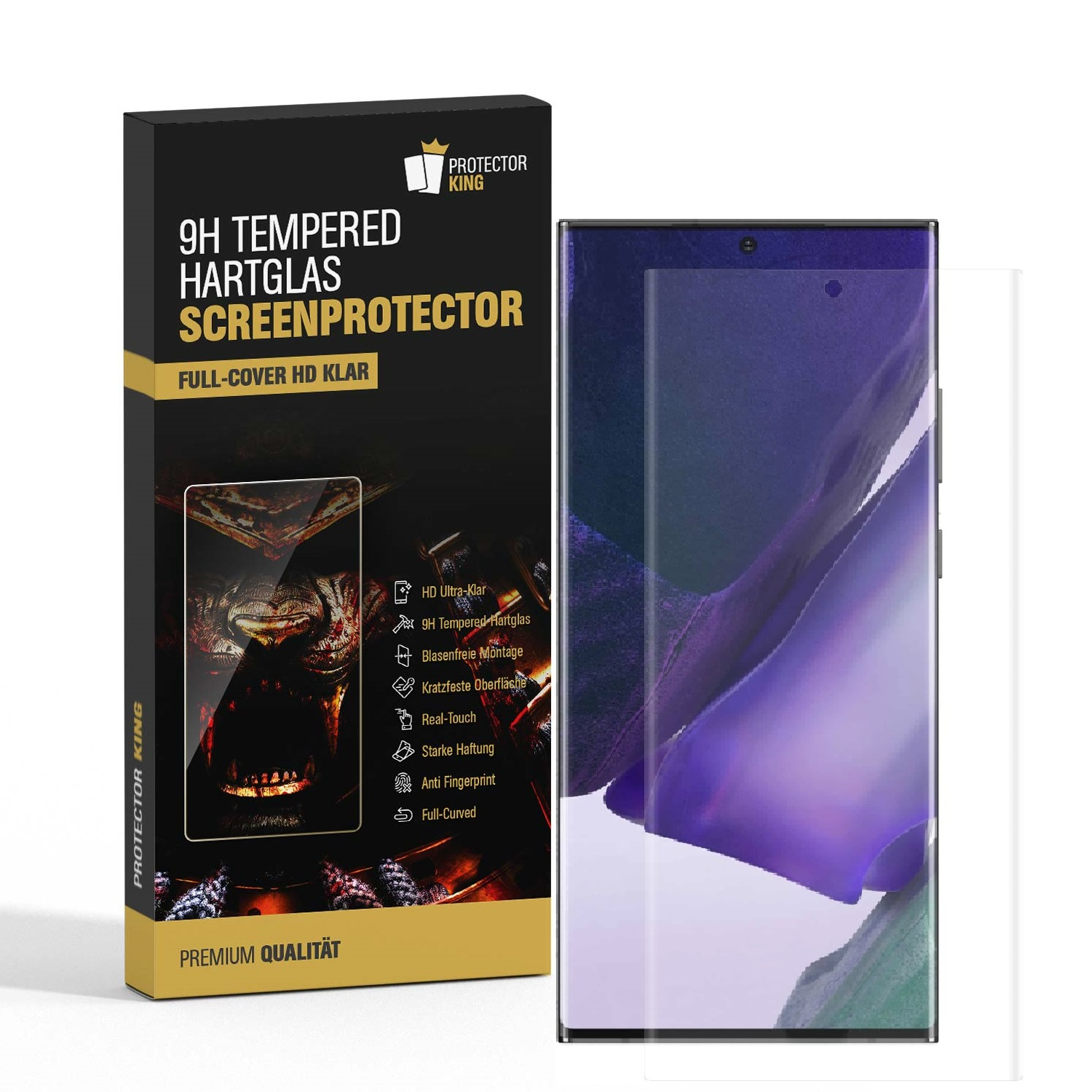 Ein Telefon und ein Displayschutz in einer Box mit Text. Der Bildschirm zeigt die Installation.