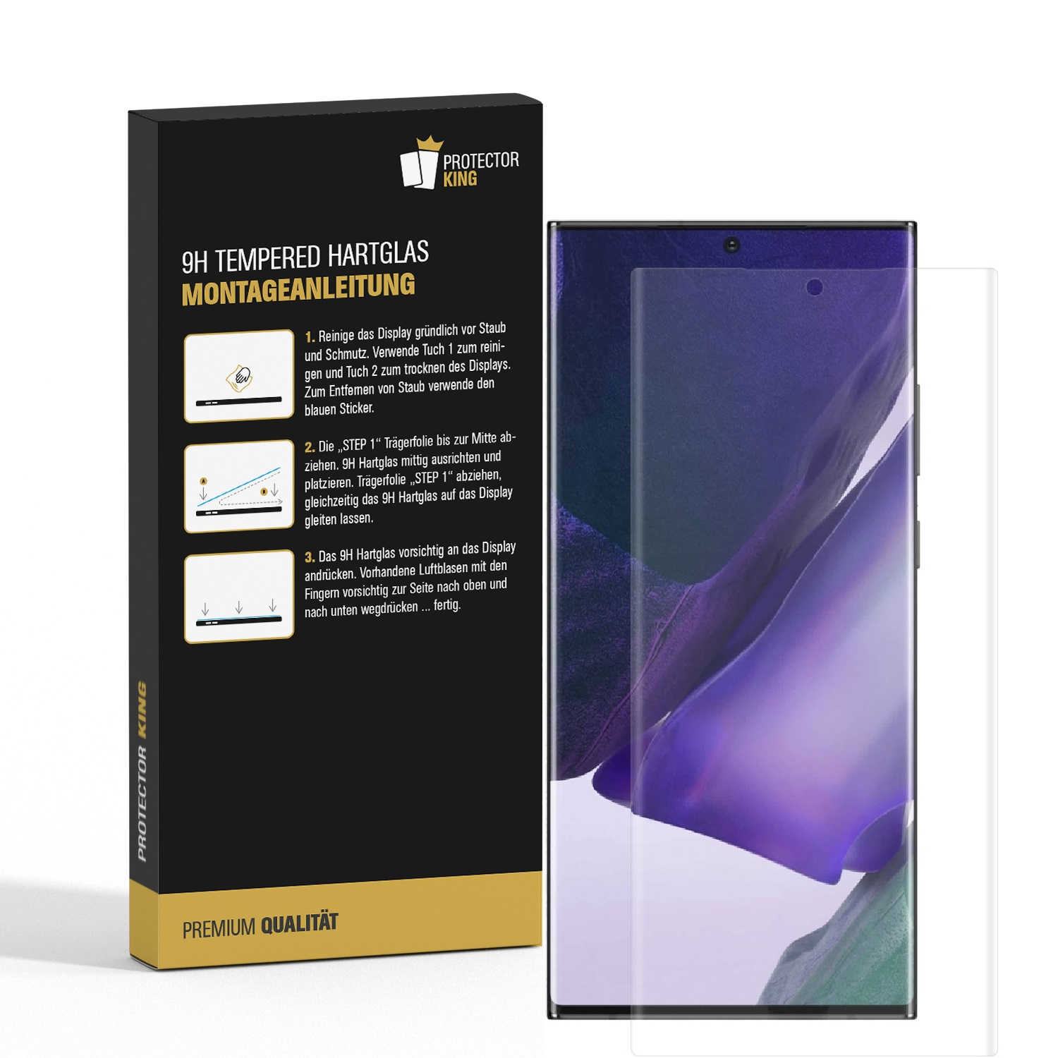 Ein Telefon und ein Displayschutz mit Text. Der Text beschreibt die Installationsschritte des Protektors.
