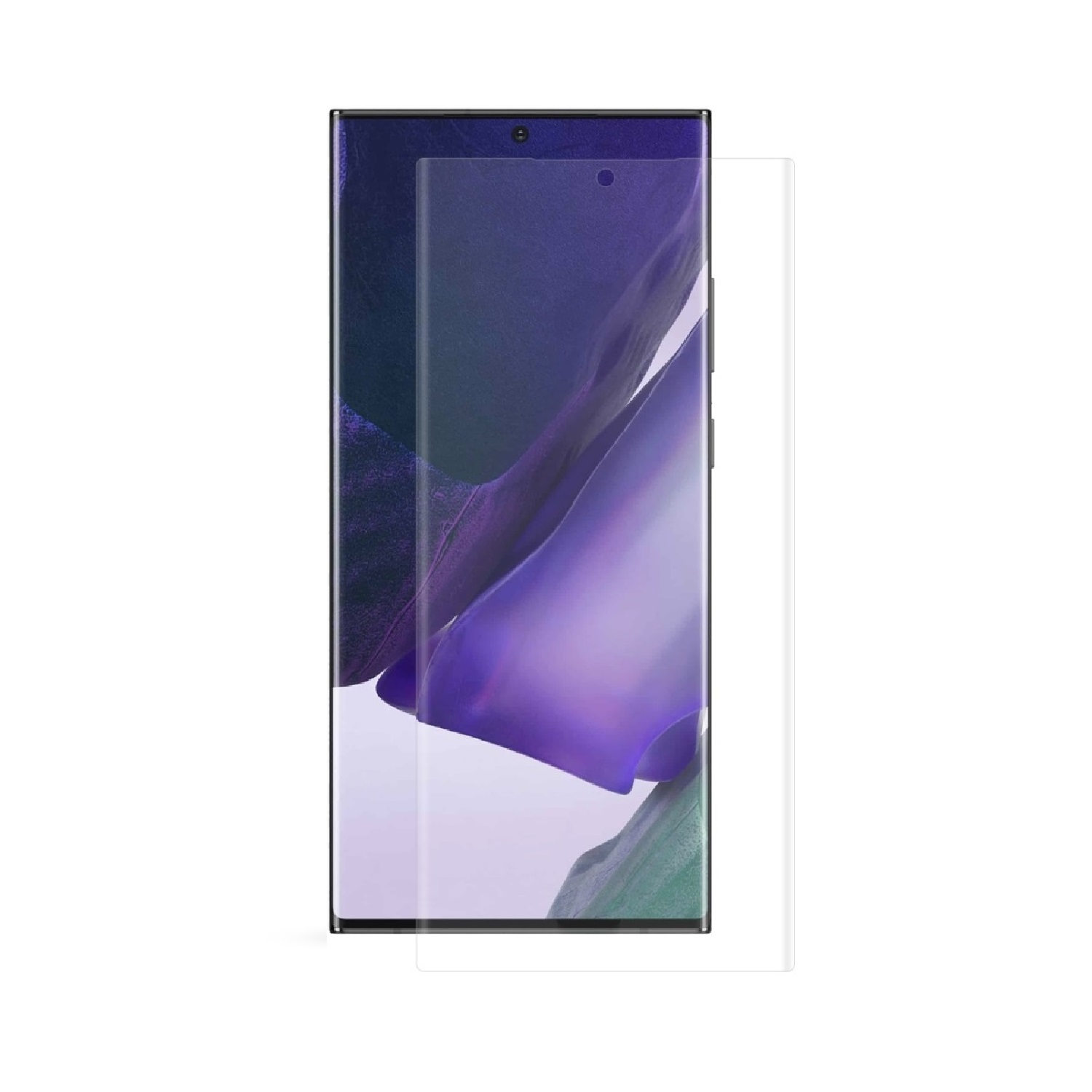 Smartphone mit Displayschutzfolie. Das Telefon ist schwarz, der Bildschirm zeigt lila Farbtöne, und die Folie ist klar.