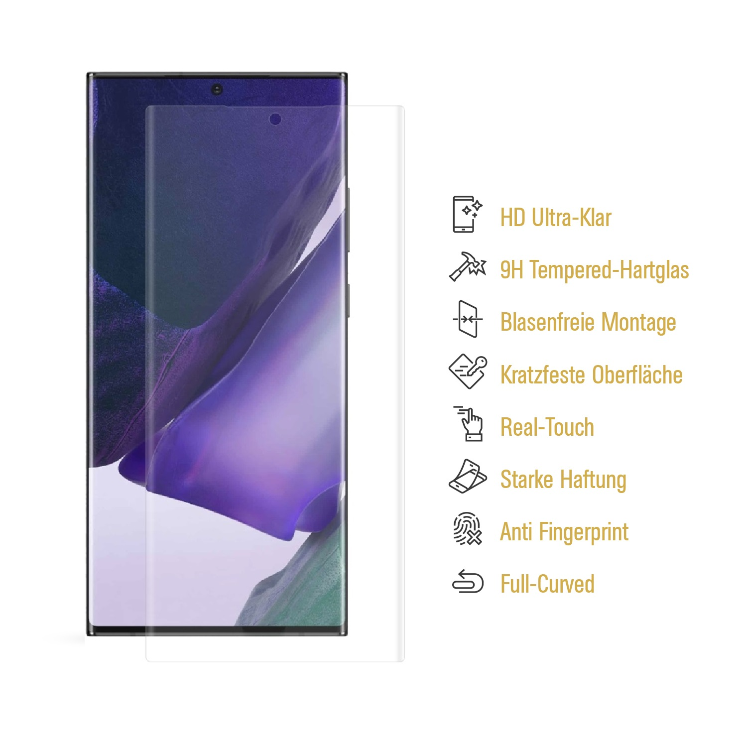 Smartphone mit Displayschutzfolie. Funktionen sind aufgelistet. Das Telefon ist schwarz mit lila Bildschirm. Der Schutz ist klar.