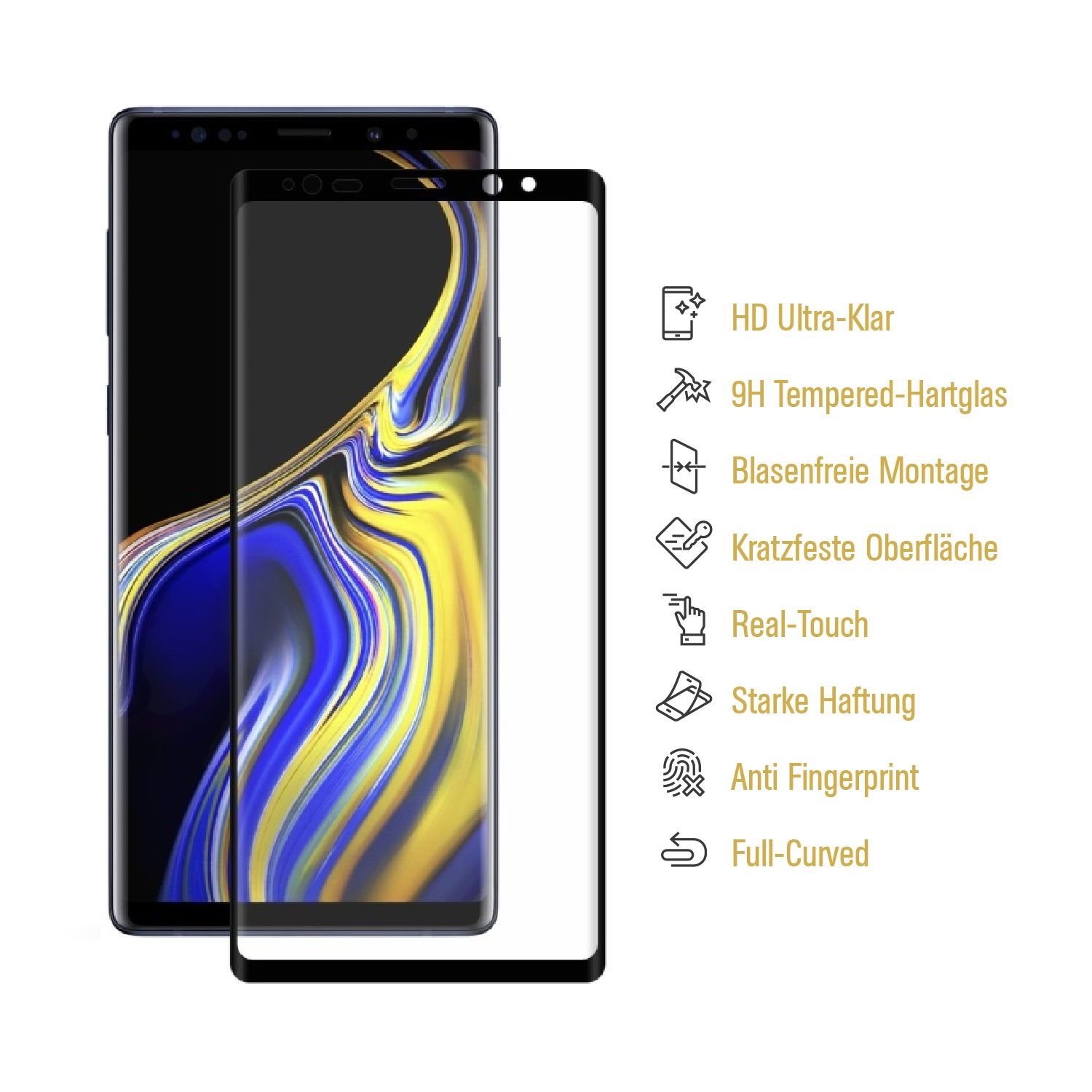 Smartphone mit Displayschutzfolie. Die Folie ist gerissen und hat Funktionssymbole.
